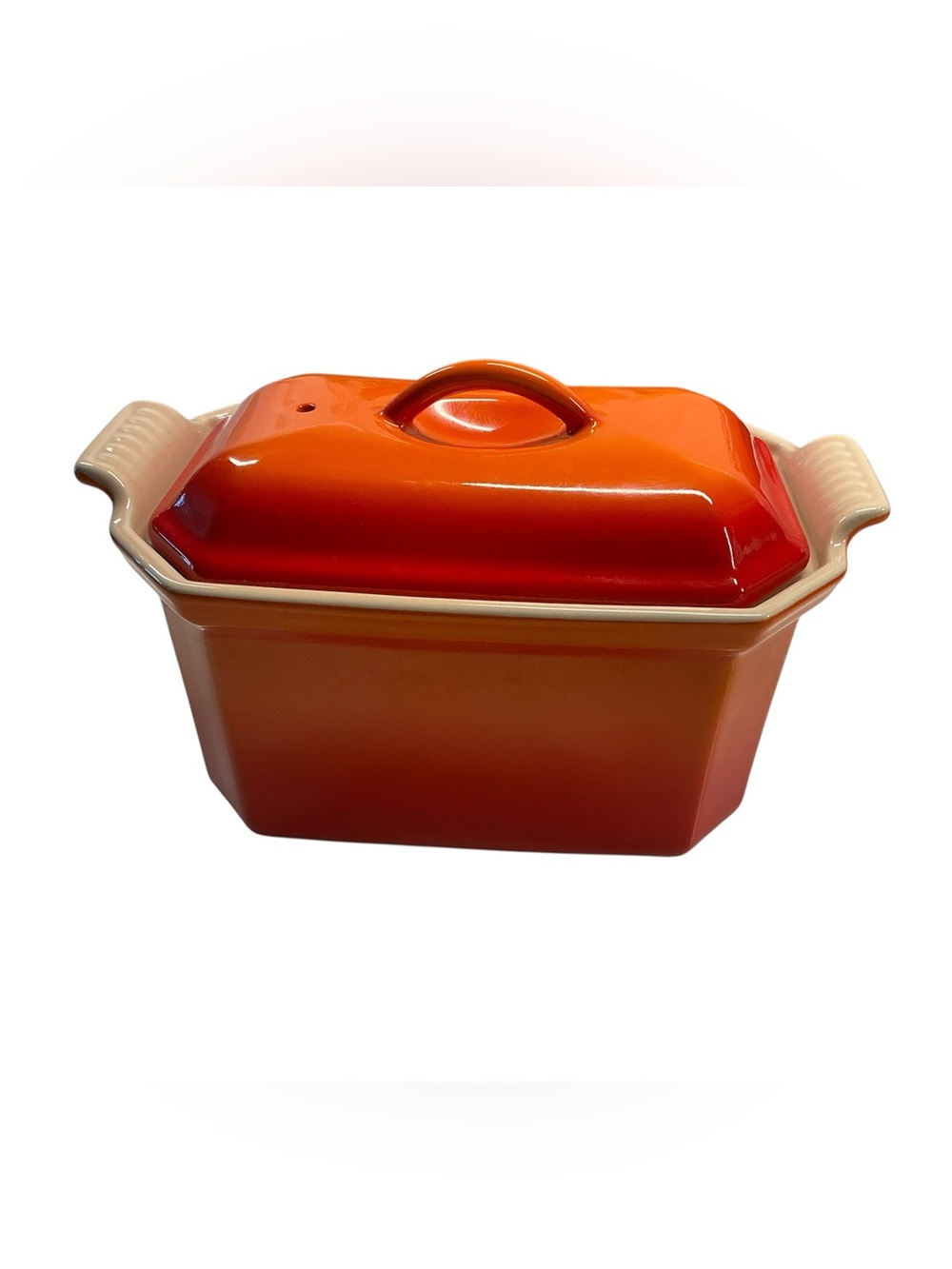 Stoneware Bakeware TERRINE, 
Le CREUSET, 3 piece set, retired FLAME color
